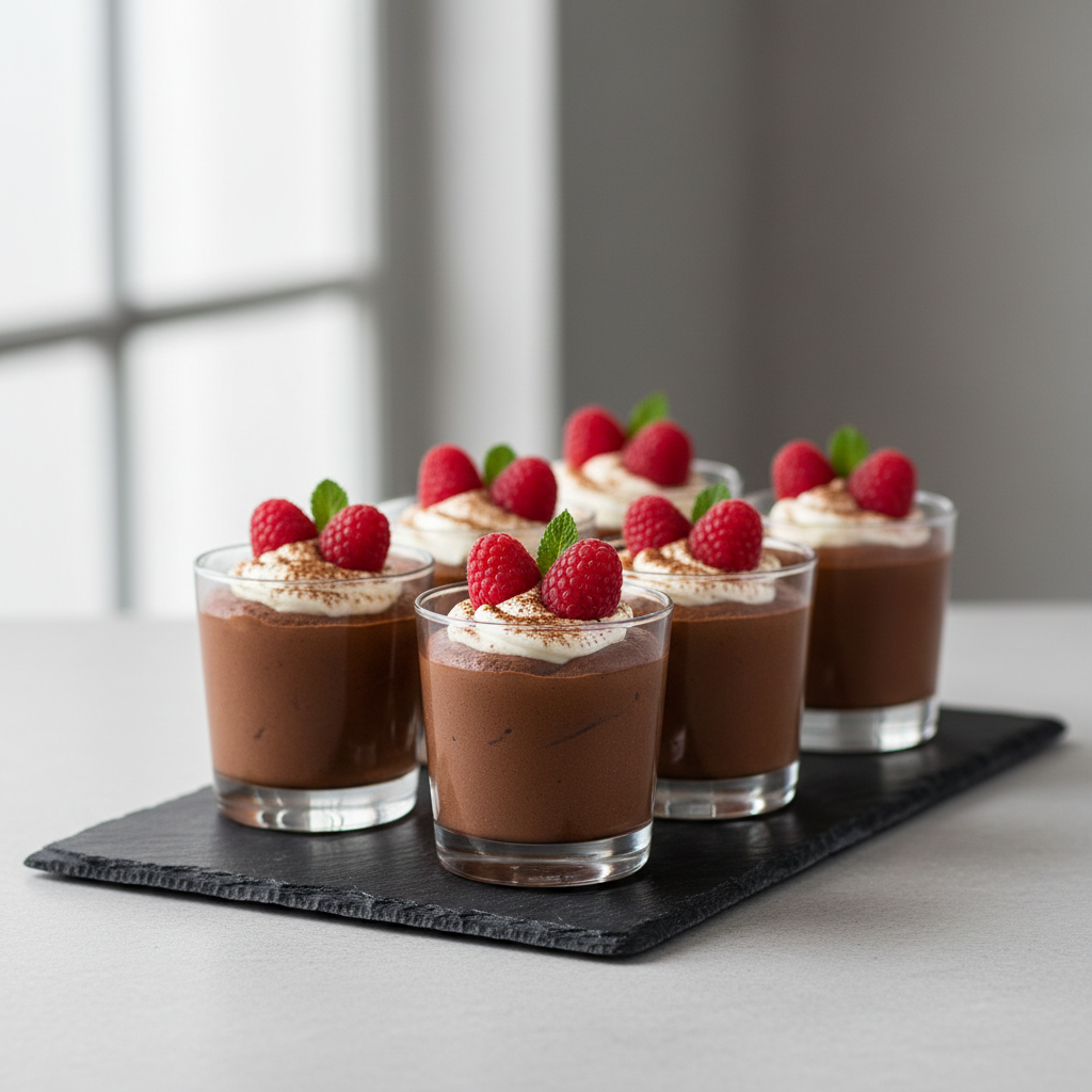 Chocolate mousse cups topped with whipped cream and berries