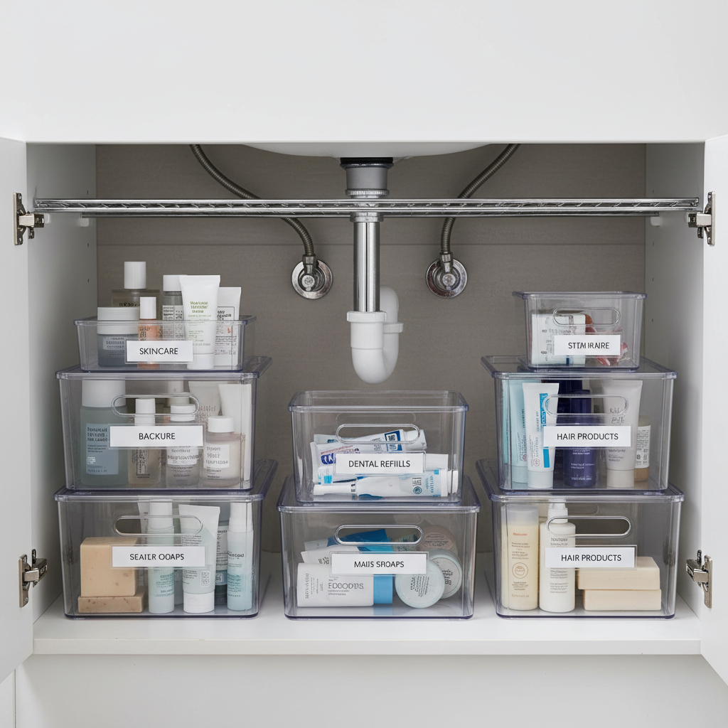 Under-sink bins and labels for bathroom backups in small spaces