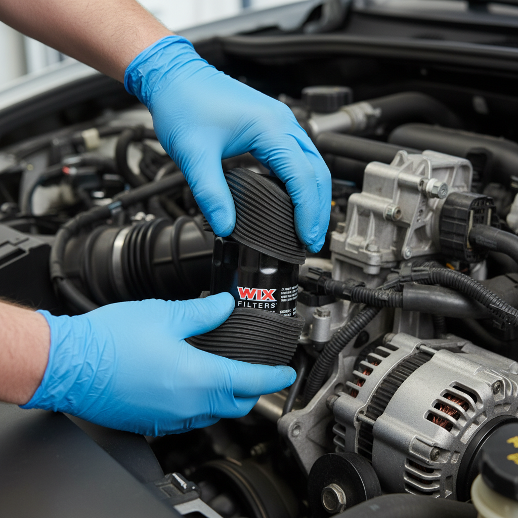 Using a rubber strap and gloves to loosen a spin-on oil filter
