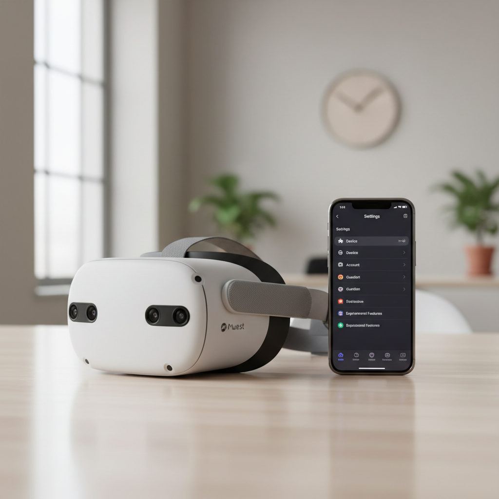 Meta Quest 3 headset and Meta Quest mobile app showing device settings and developer mode toggle