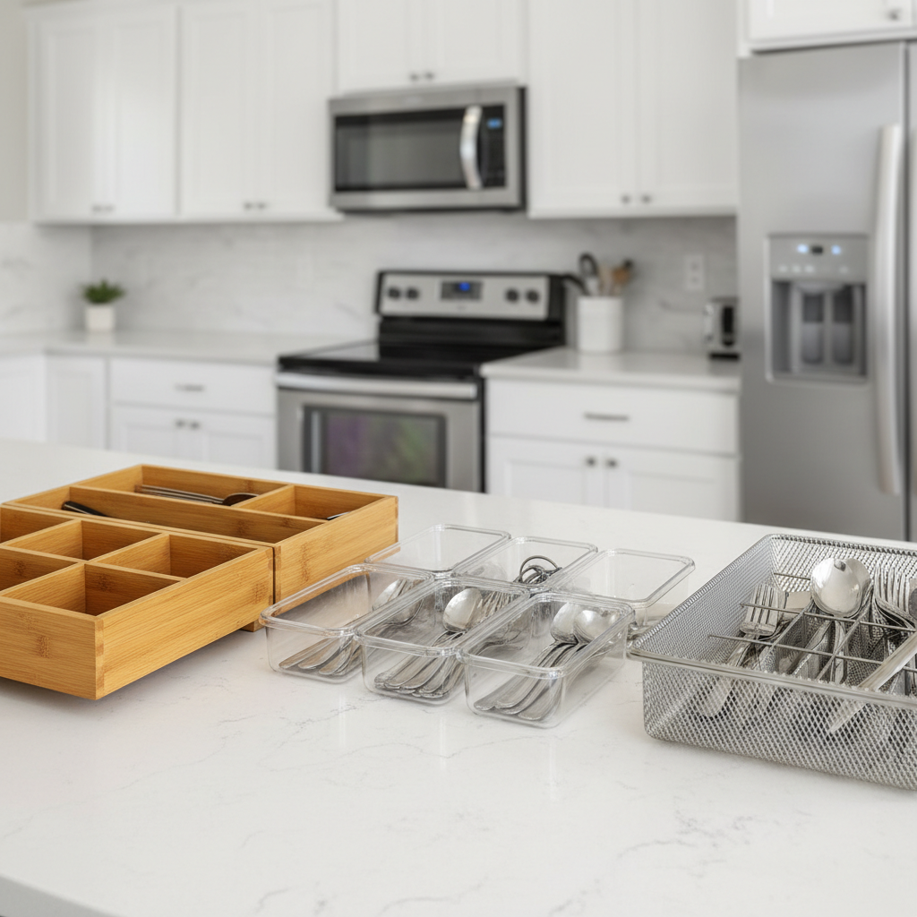 Comparison of bamboo, plastic, and metal drawer organizers on a countertop