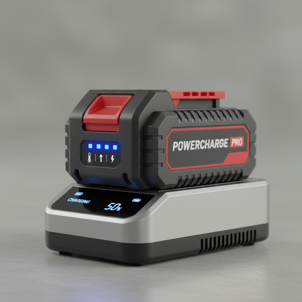 Close-up of lithium-ion battery pack showing temperature and charge indicators on a smart charger