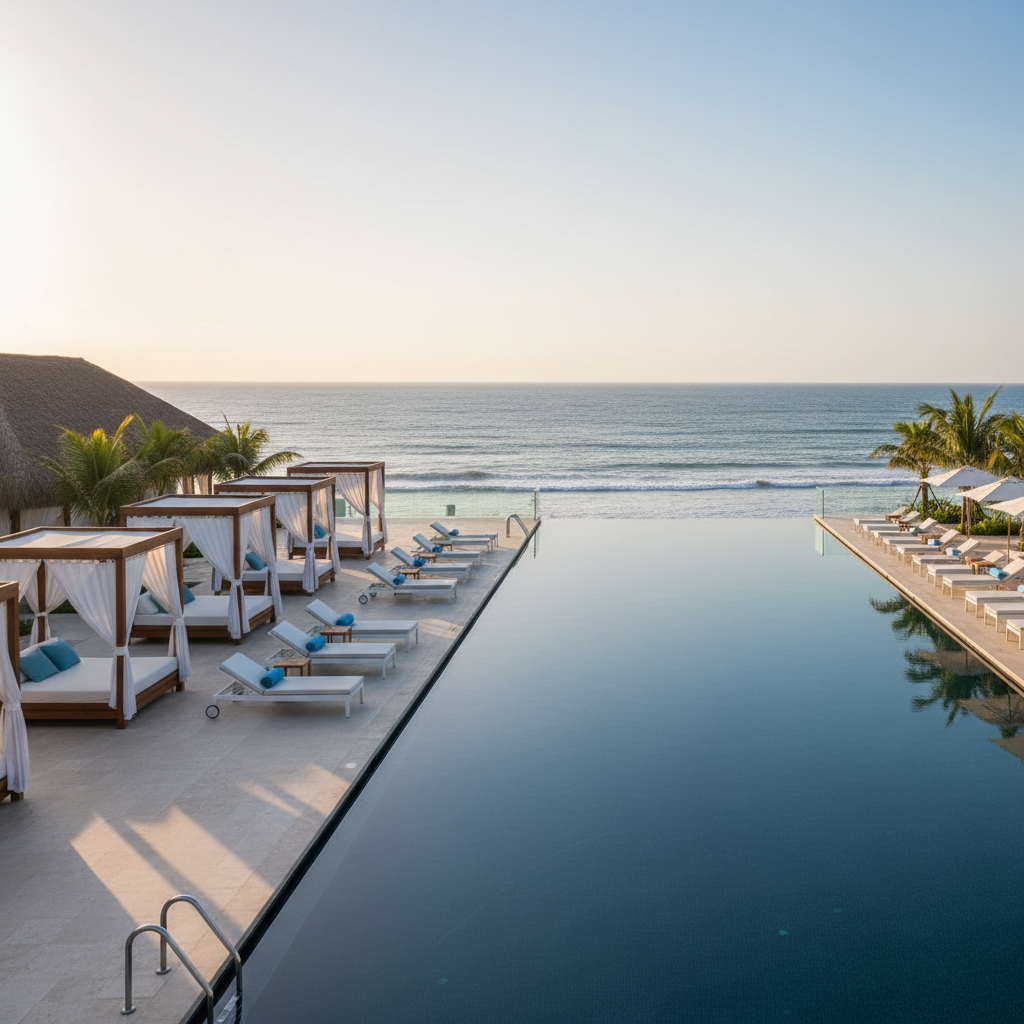 Luxury resort infinity pool with private cabanas for honeymoon relaxation