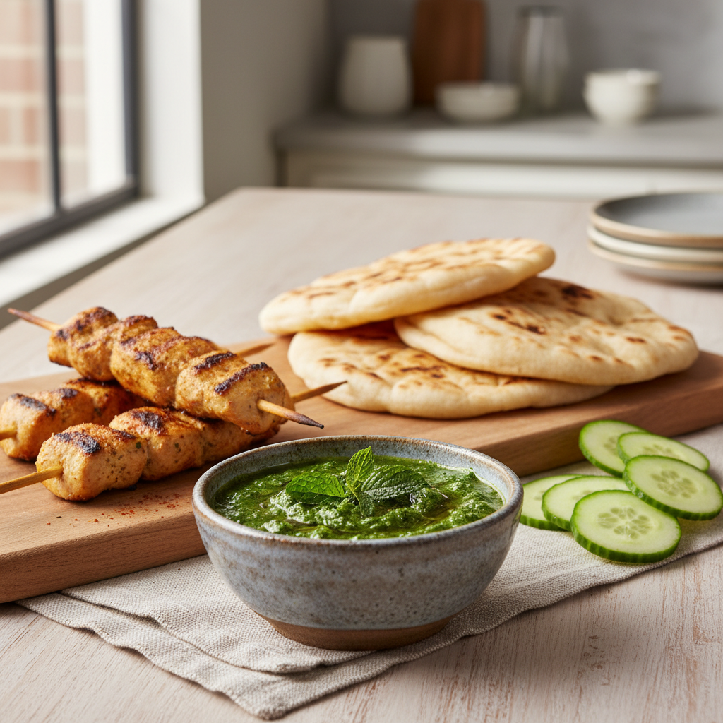Mint coriander chutney served in a small bowl with snacks and grilled food for dipping