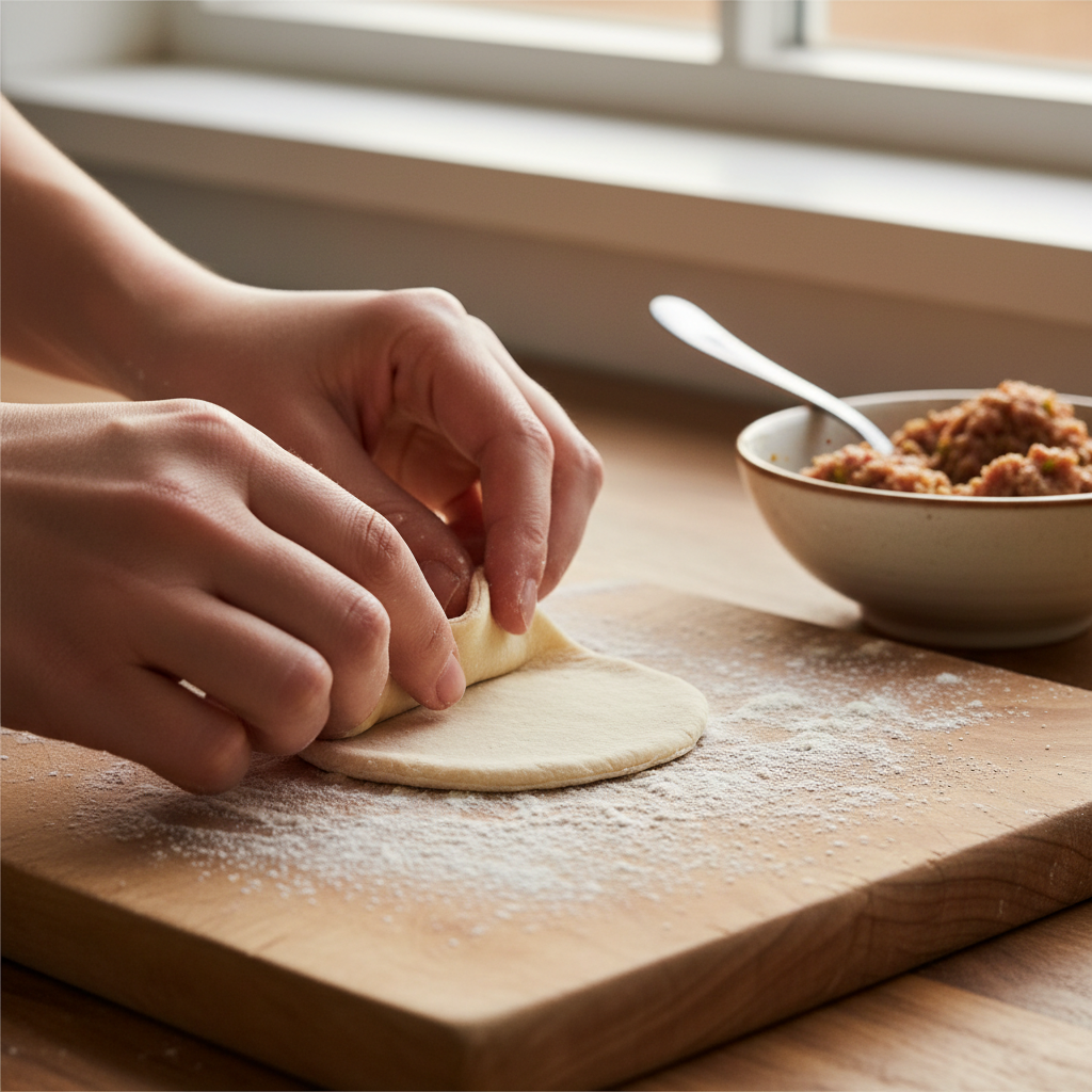 Hands folding momo dumplings with simple pleats on a floured board