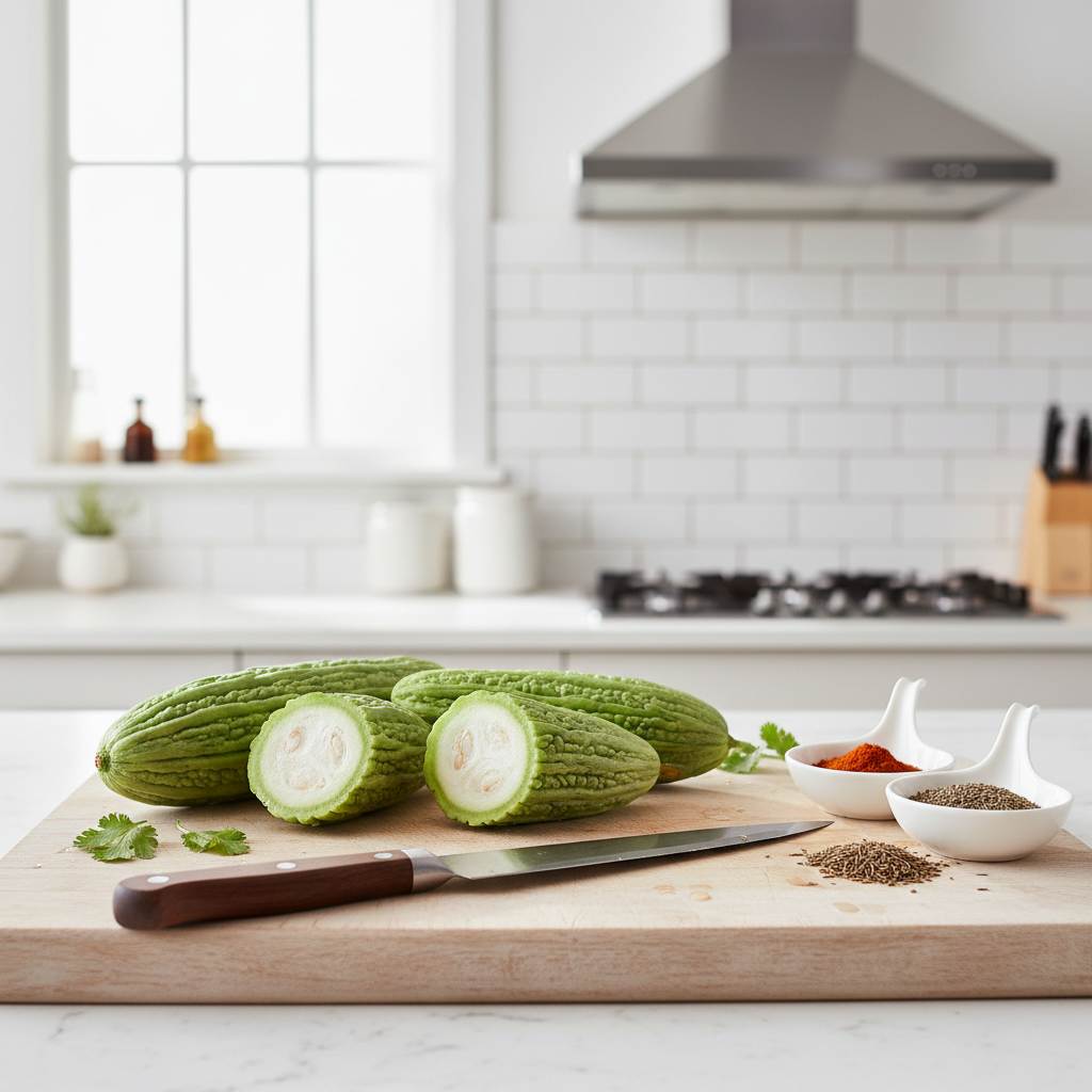 Fresh ridge gourd (turai) on a cutting board for sabzi