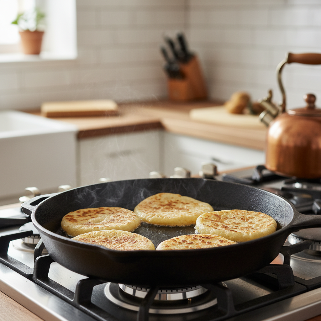 Crispy corn tortillas browning in a cast iron skillet
