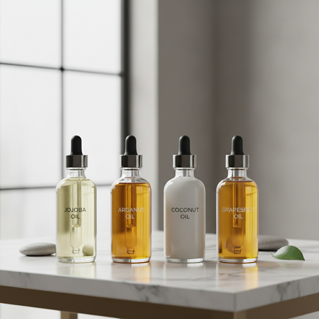 Hair oil comparison: lightweight oils and thicker oils arranged on vanity