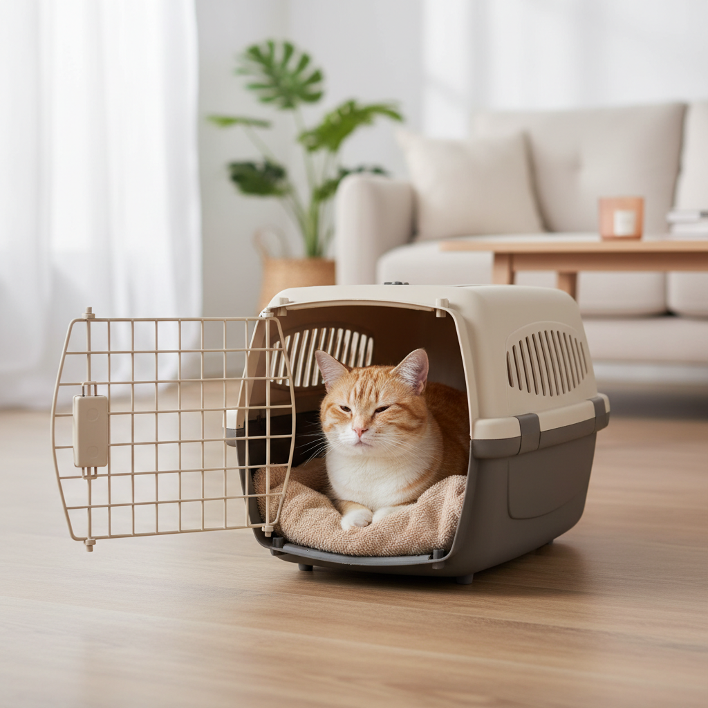Calm cat resting in an open carrier at home before a vet visit