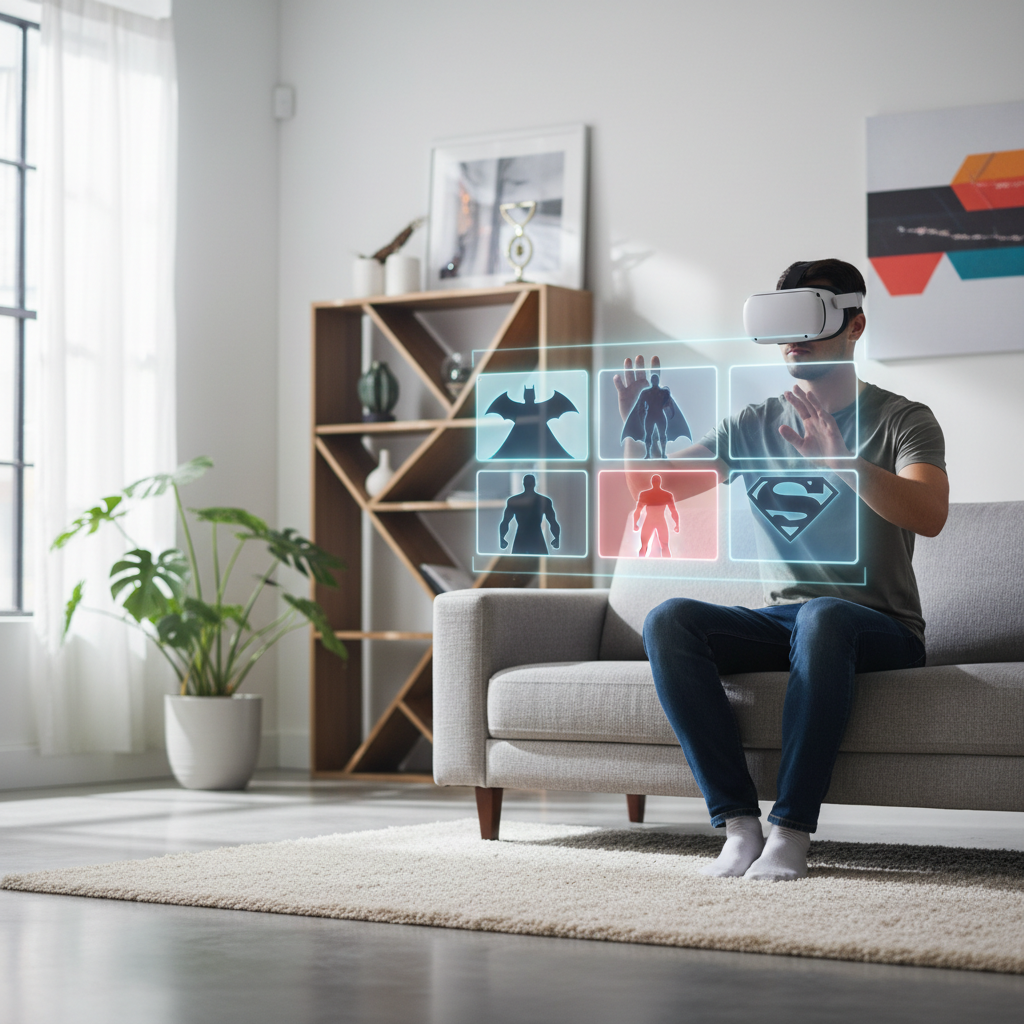 VR headset user browsing DC superhero games in a modern living room