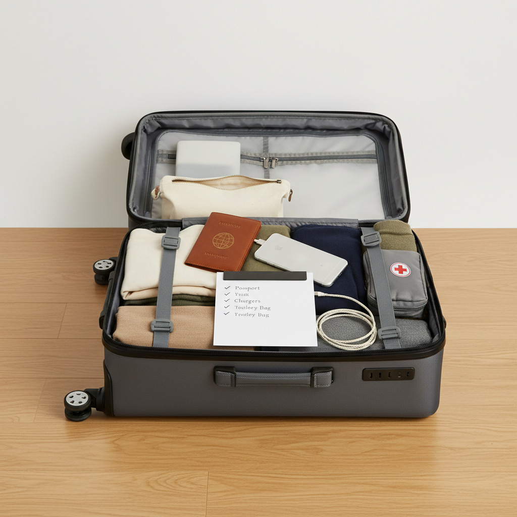 Minimalist travel packing layout with carry-on suitcase and essentials checklist