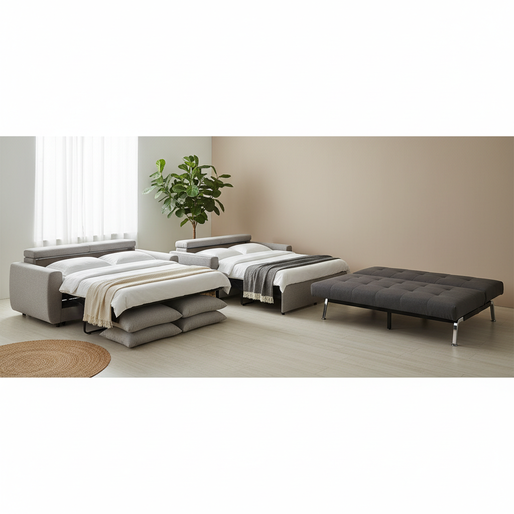 Different sofa bed mechanisms shown in a clean comparison scene