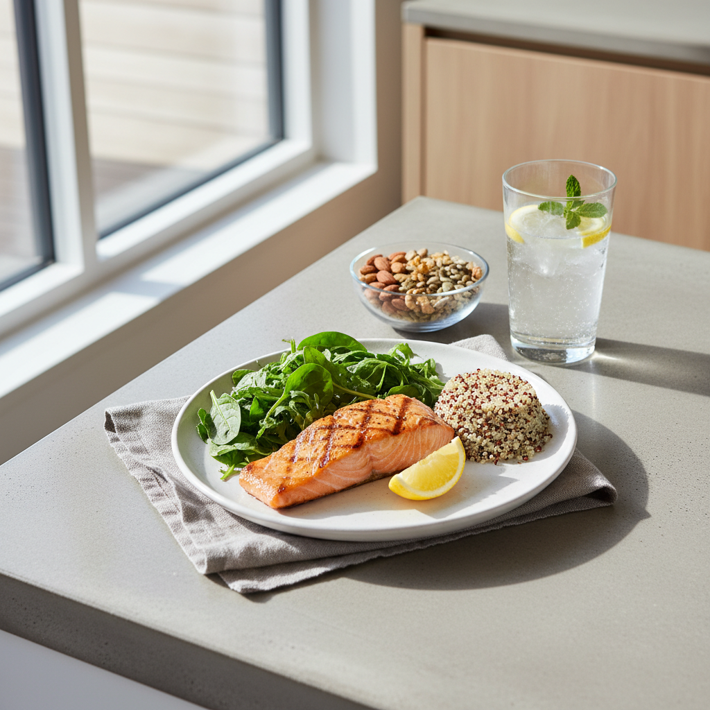 Balanced meal with protein, leafy greens, nuts and salmon for nail health nutrition