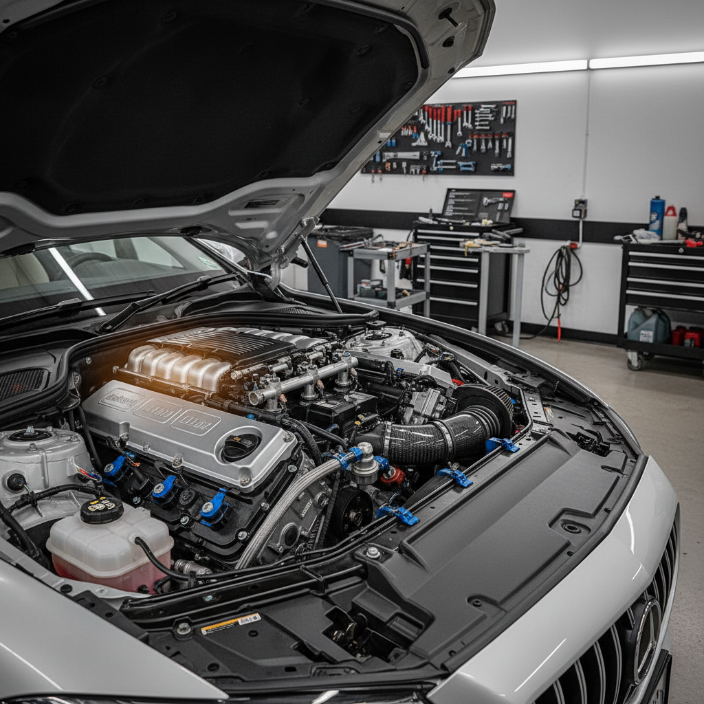 Car engine bay with fuel rail area highlighted for injector cleaning