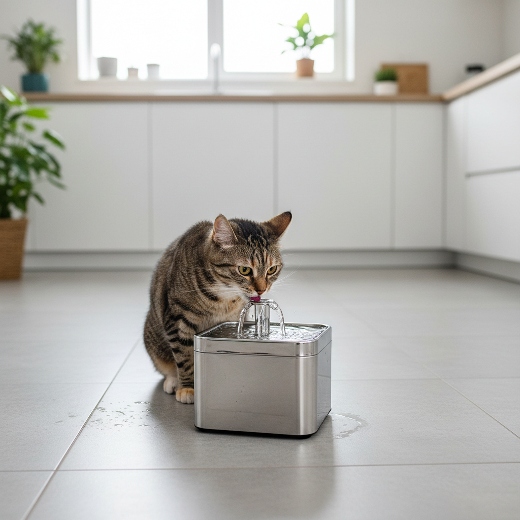 Cat drinking from a pet water fountain in a bright kitchen
