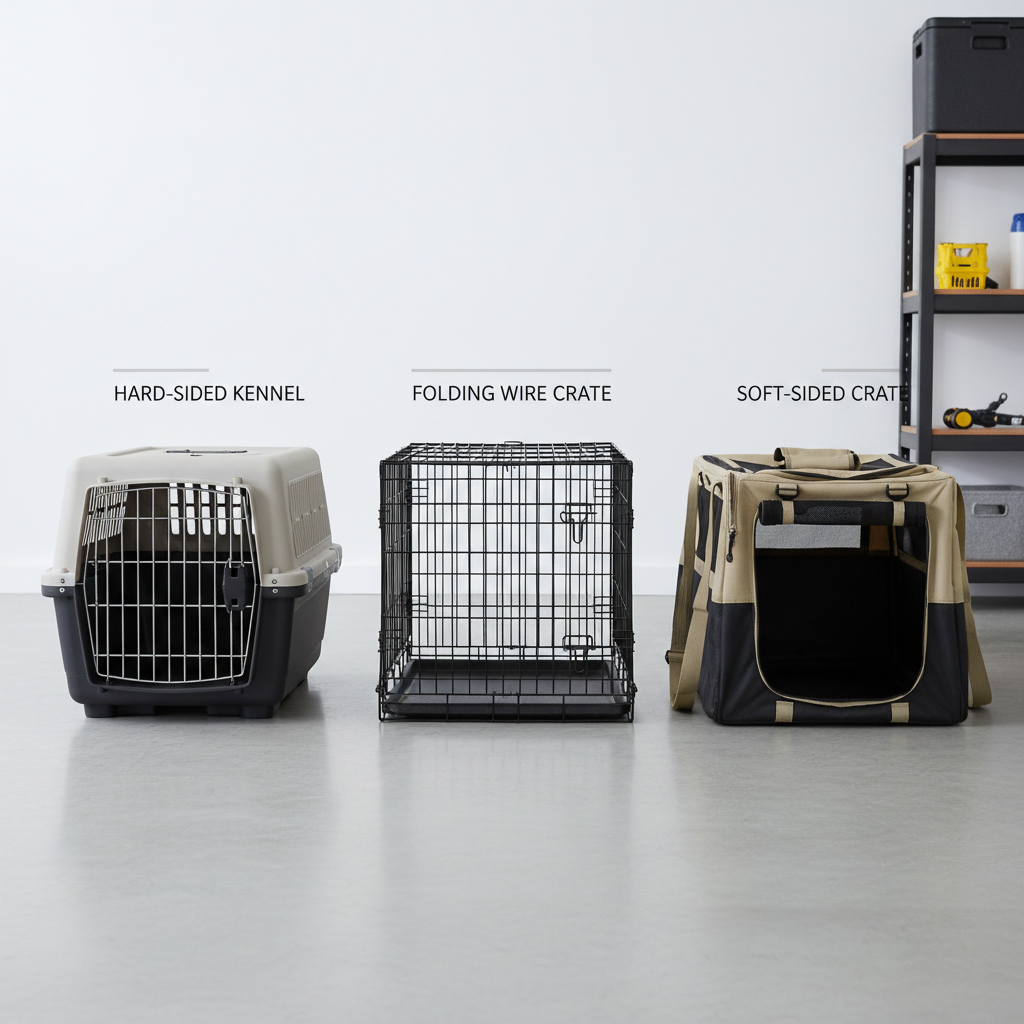 Comparing travel crate materials: hard plastic, wire, and soft-sided in a garage