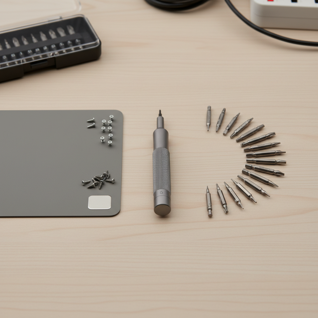 Precision screwdriver set with bits for electronics repair on a workbench