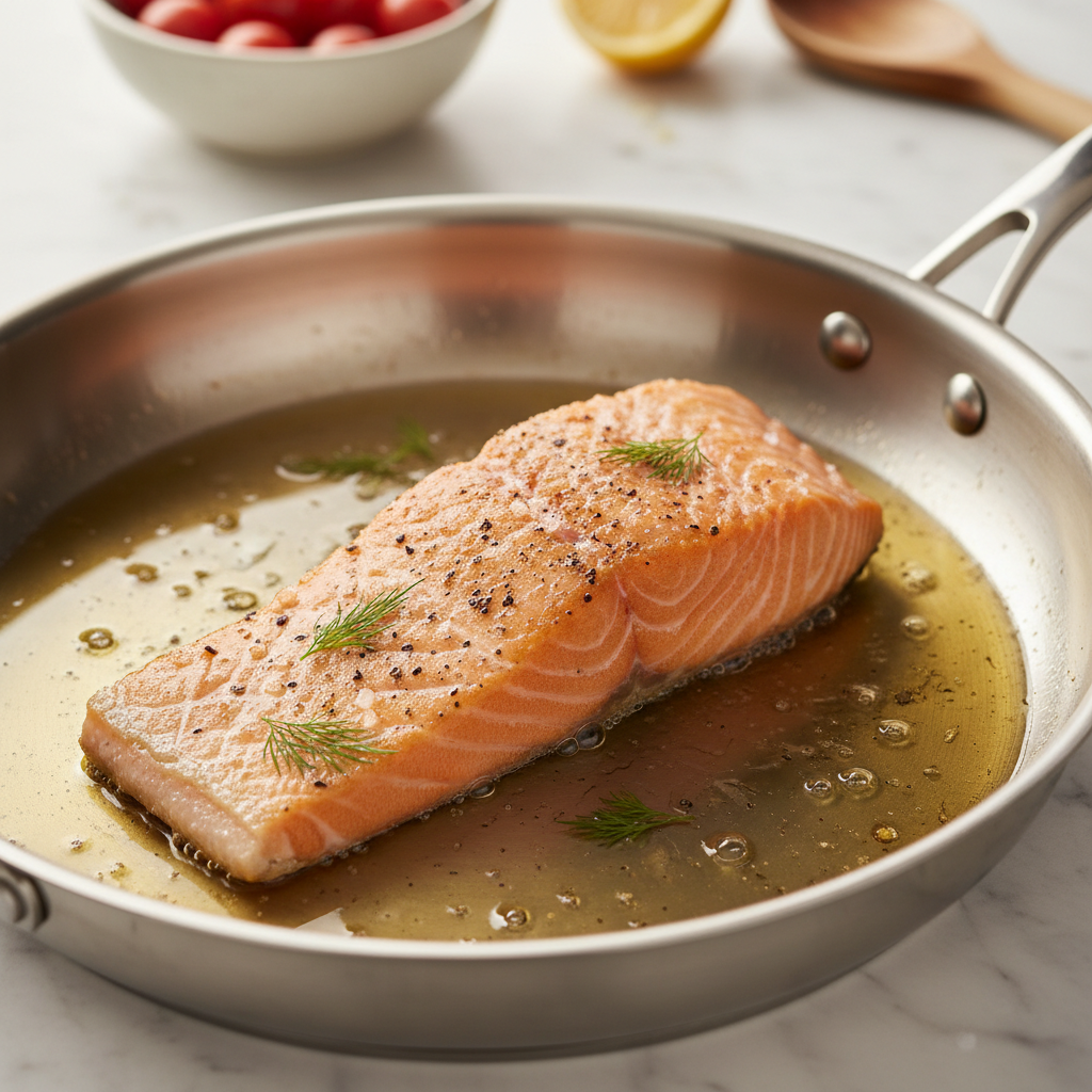 Pan-searing salmon fillet skin-side down in a skillet