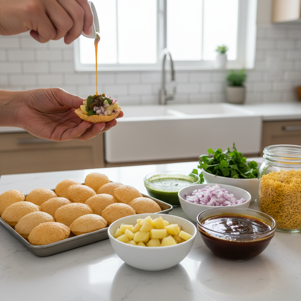 Hands assembling sev puri quickly with puris, potatoes, chutneys, and sev