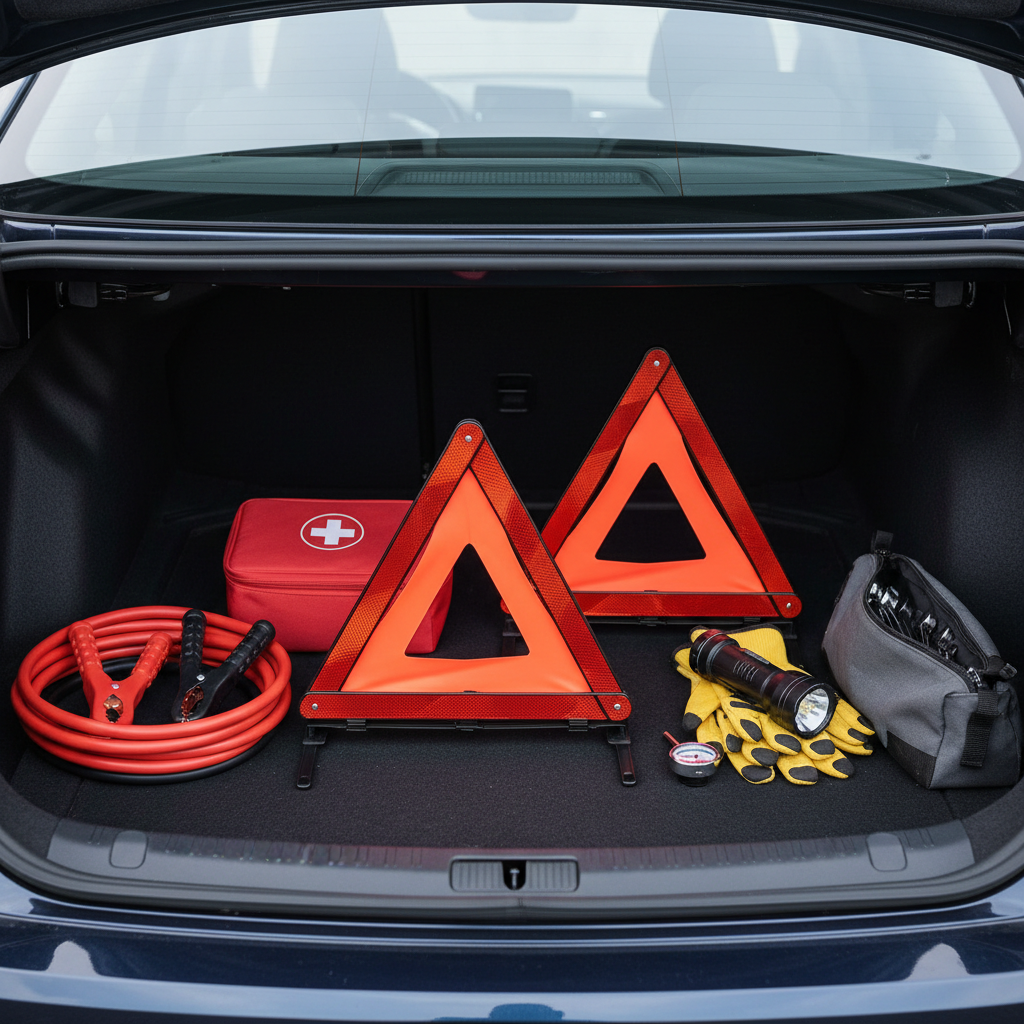Roadside emergency car kit laid out in trunk with jumper cables, first aid kit, and reflective triangles