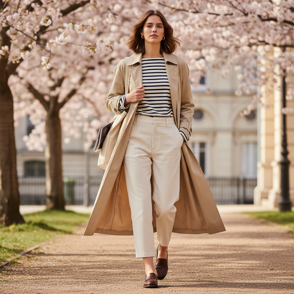 Spring street style with trench coat, striped shirt, and loafers