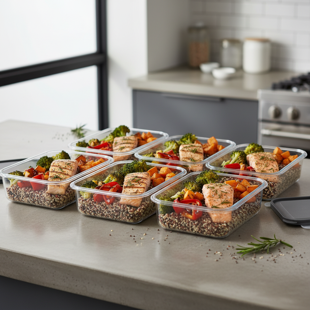 Meal prep containers with quinoa and vegetables for healthy lunches