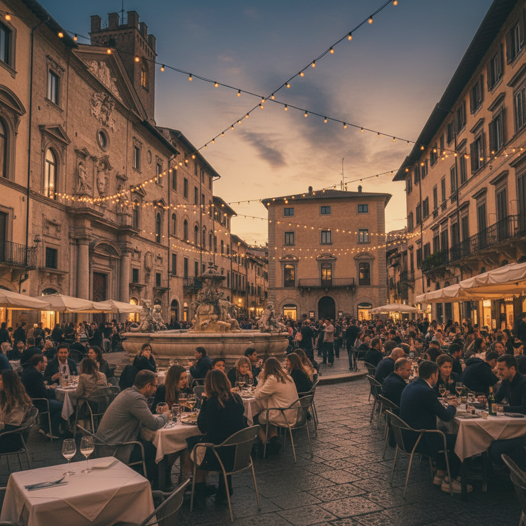 Italian piazza evening with outdoor dining and warm lights