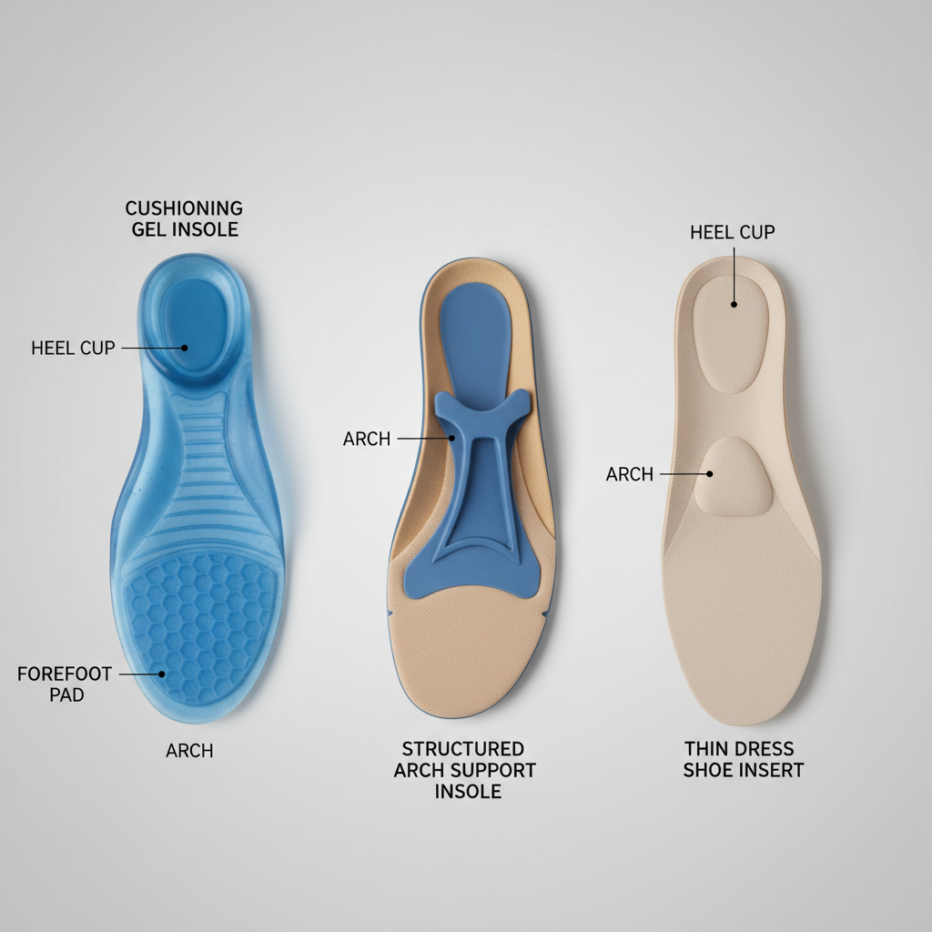 Cross-section diagram style view of different shoe insert types for women comfort