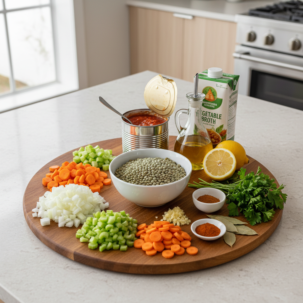 Ingredients for easy vegan lentil soup on a cutting board