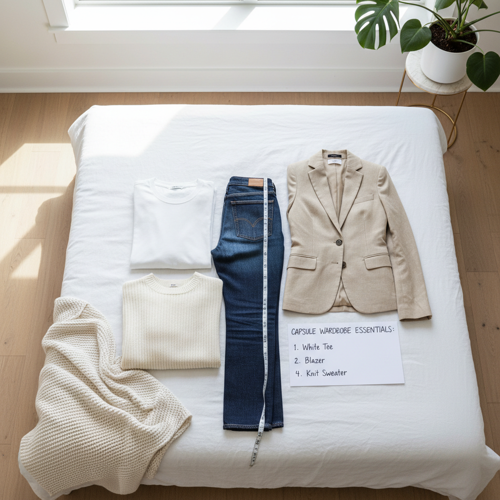 Beginner capsule wardrobe planning on a bed with neutral clothing and a checklist