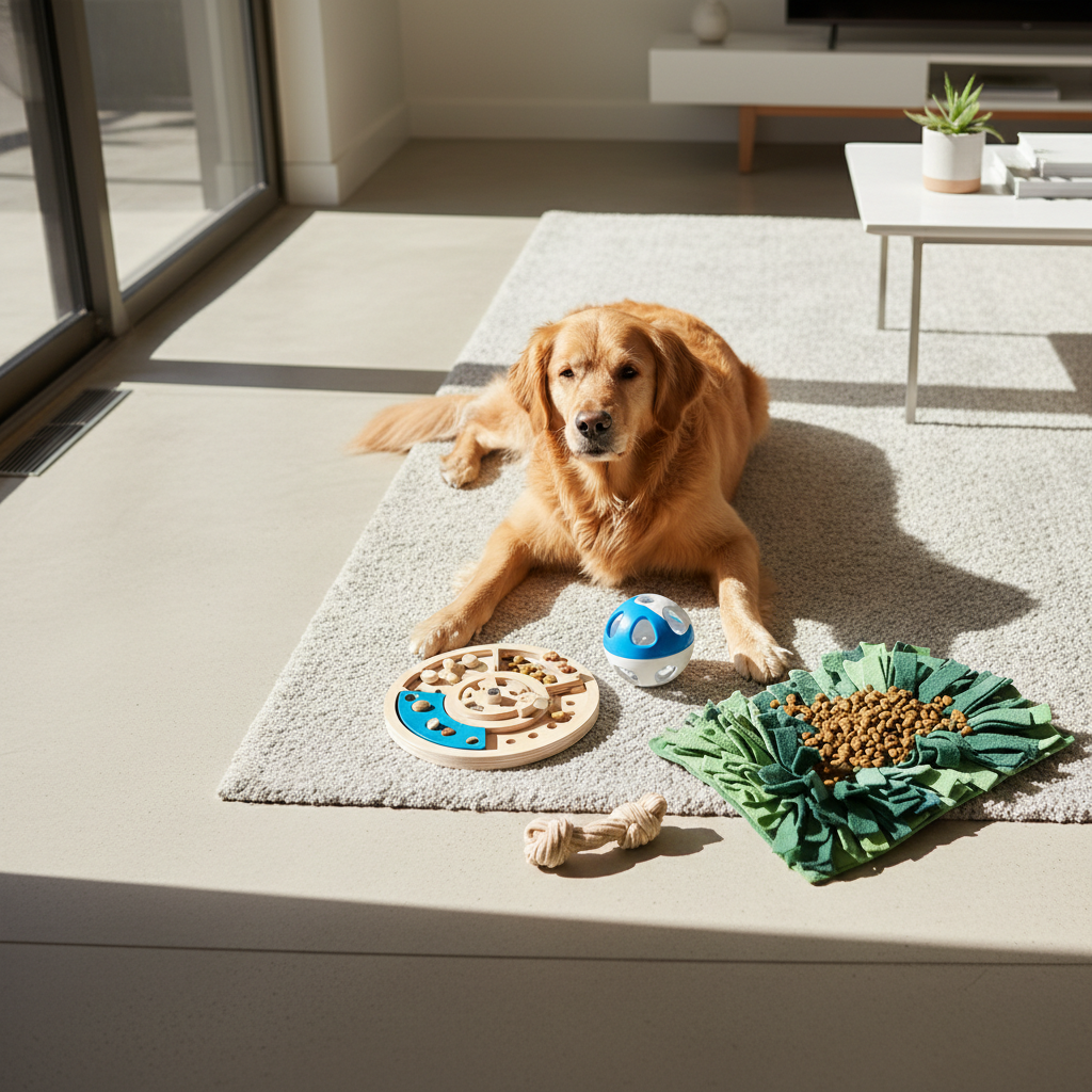 Enrichment setup to reduce dog chasing cats with puzzle toys and chew items