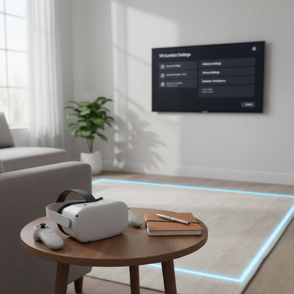 VR play area setup for investigation games with headset, controllers, and comfort settings