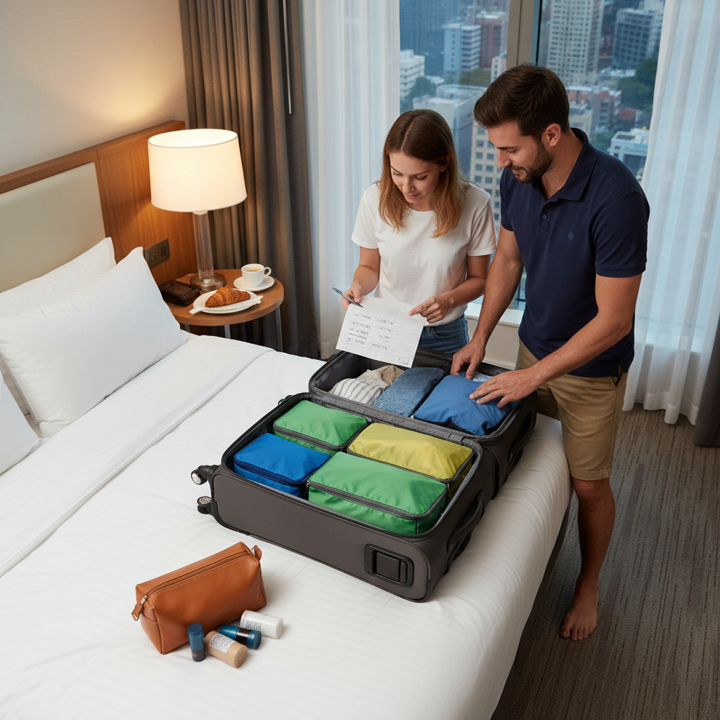 Parents packing a family suitcase with packing cubes and a checklist on a bed