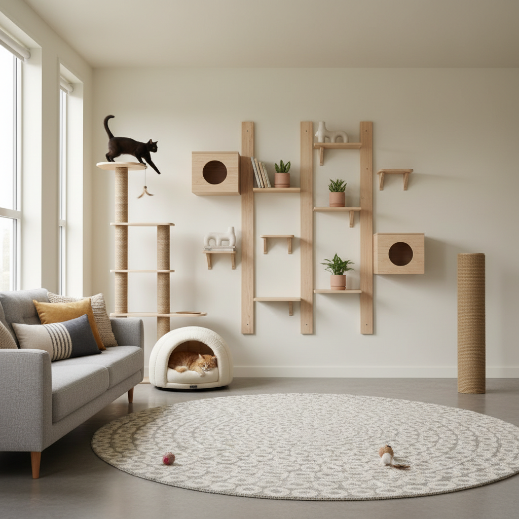 Cat-friendly home setup with vertical shelves and hiding spots