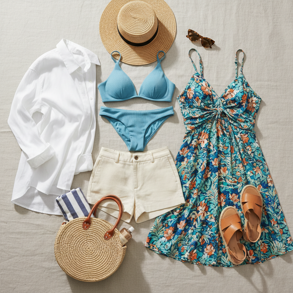 Cute beach vacation outfits laid out with cover-up sandals and straw hat