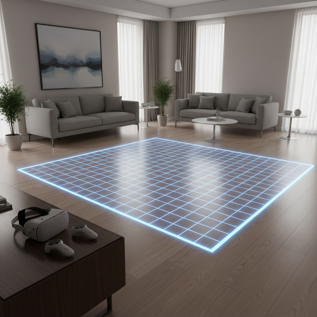 Clear VR play space setup for horror games with boundary lines and minimal obstacles