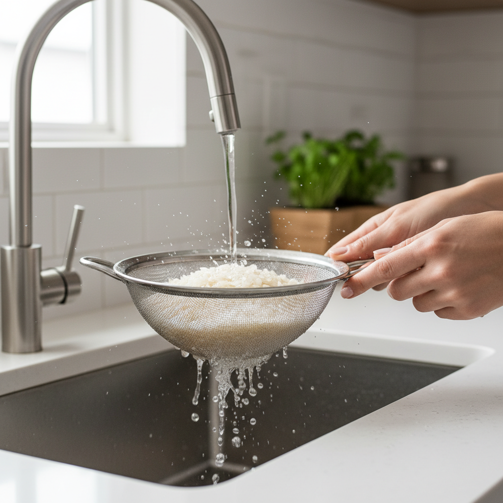 Rinsing poha flakes in a mesh strainer for quick cooking