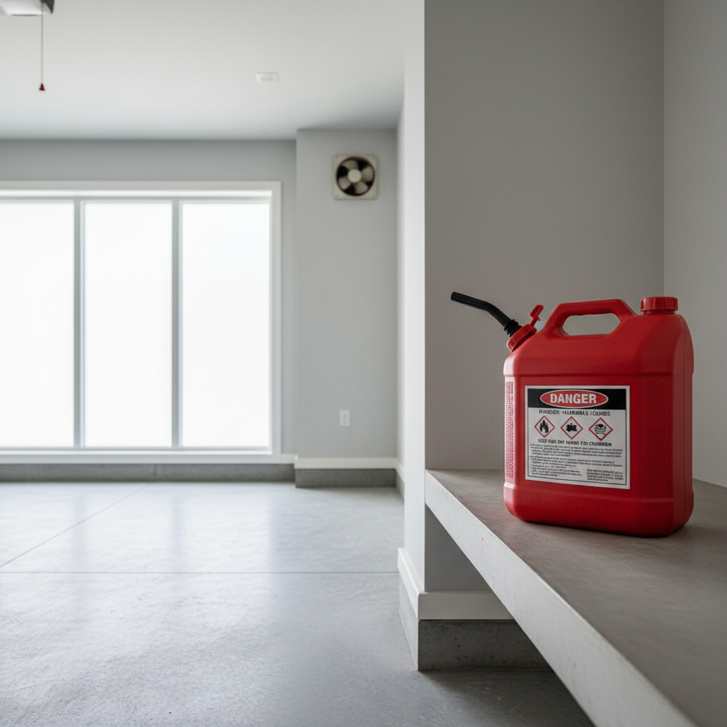 Approved gasoline container and safe fuel storage setup in a garage