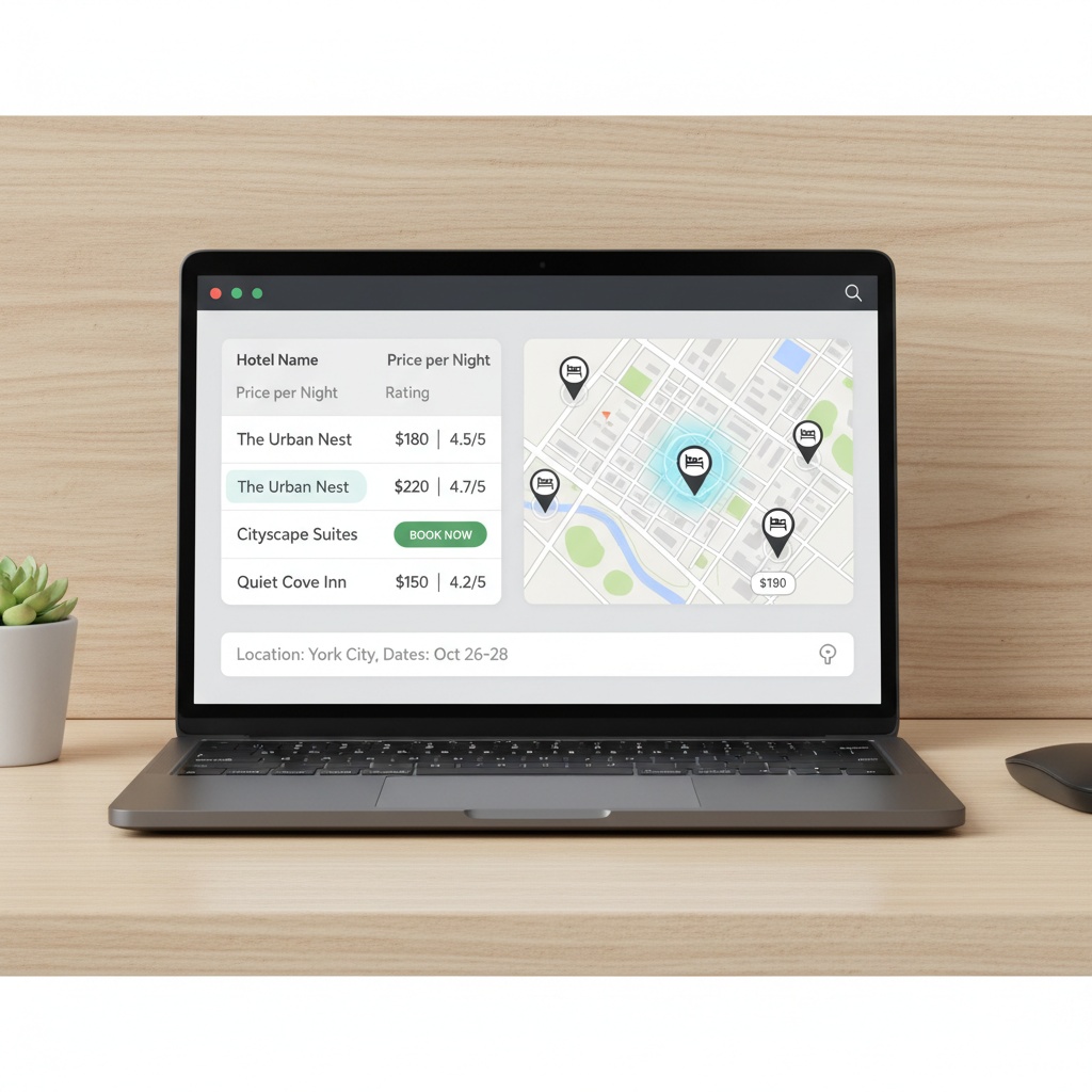 Hotel price comparison table and map view for finding cheap rates