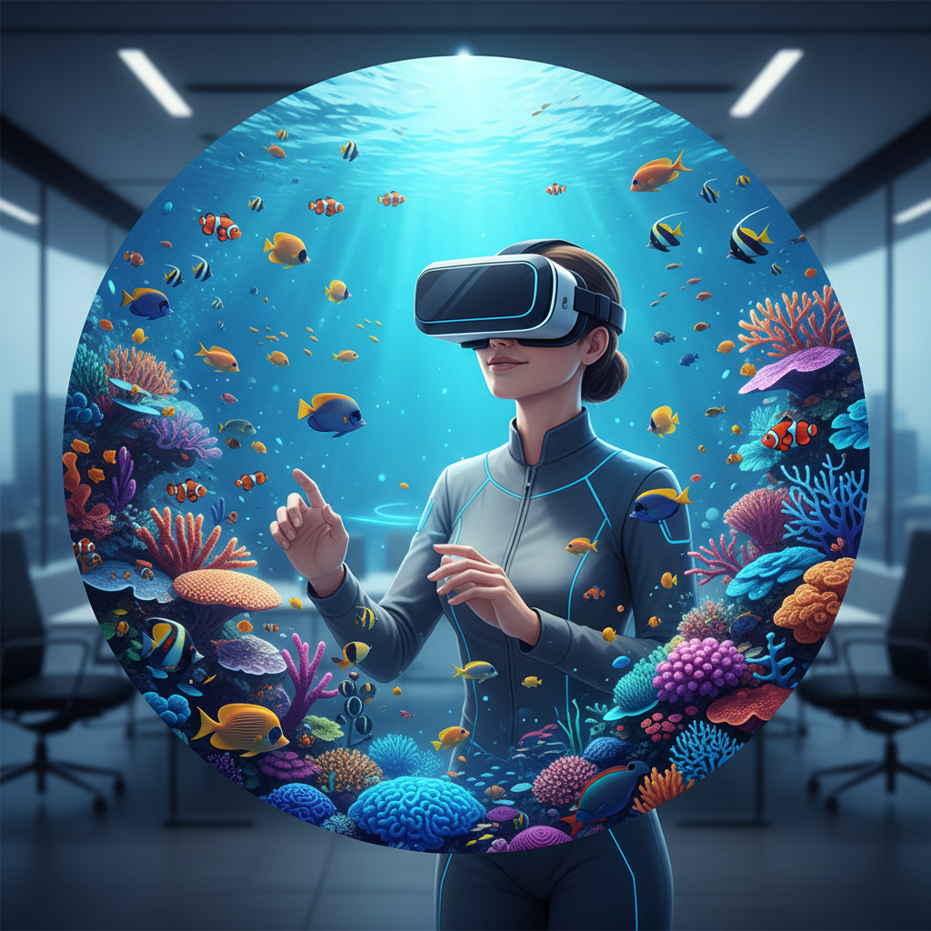 VR diver exploring an underwater reef scene in a headset