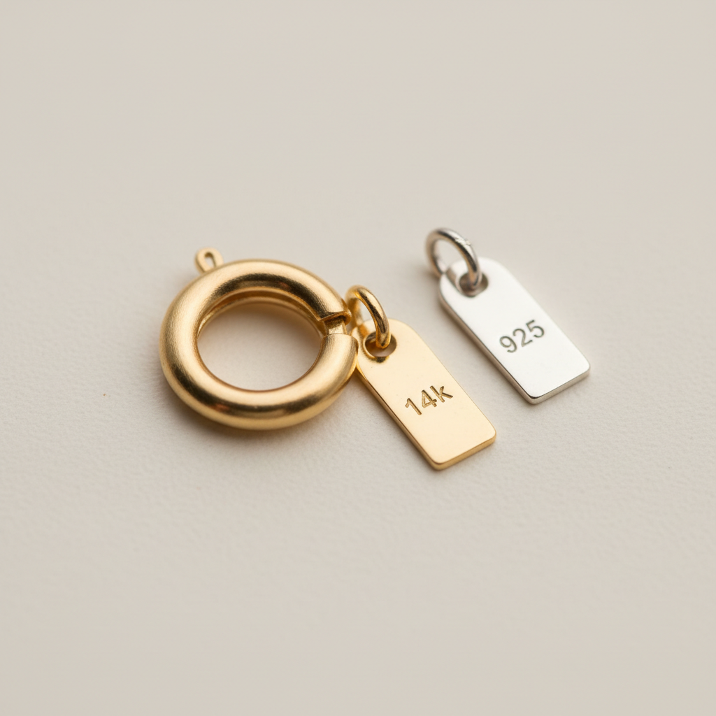 Close-up of necklace clasp and metal stamps showing 14k and 925 markings