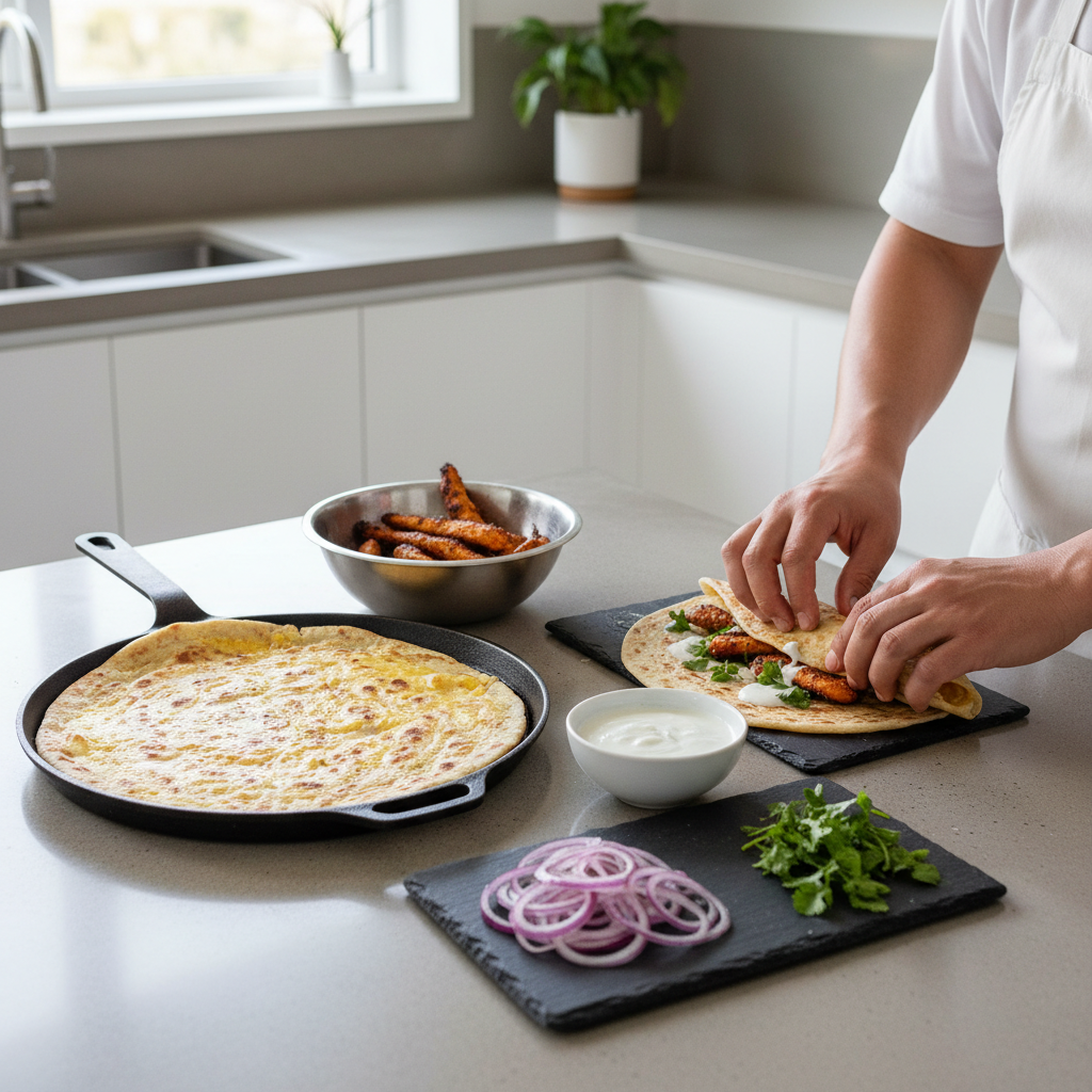 Chicken kathi roll assembly with paratha, egg layer, chicken, onions, and sauce