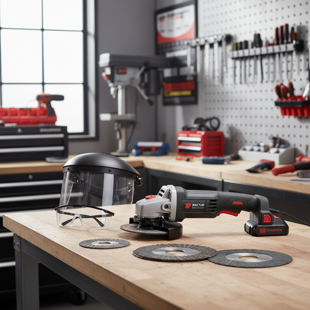 Cordless angle grinder with battery and safety gear for cutting metal