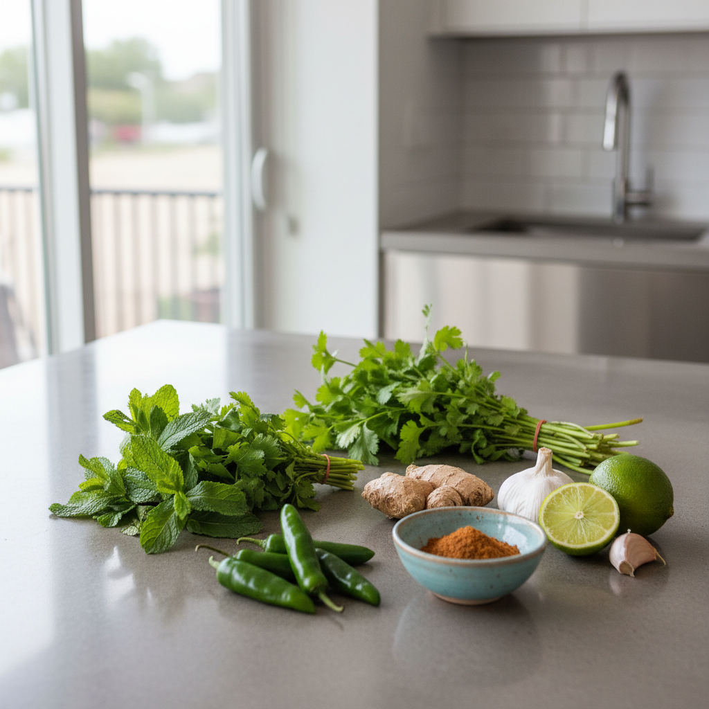 Fresh mint and cilantro with green chilies and lime on a kitchen counter for chutney prep