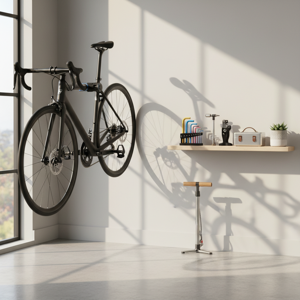 Home bike maintenance setup with floor pump, torque wrench, and organized tools
