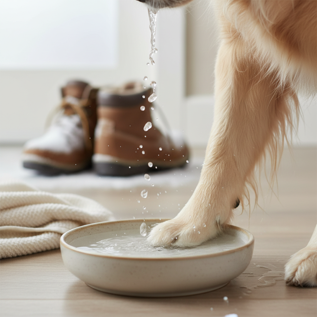 Dog paw being rinsed to remove winter salt after a snowy walk