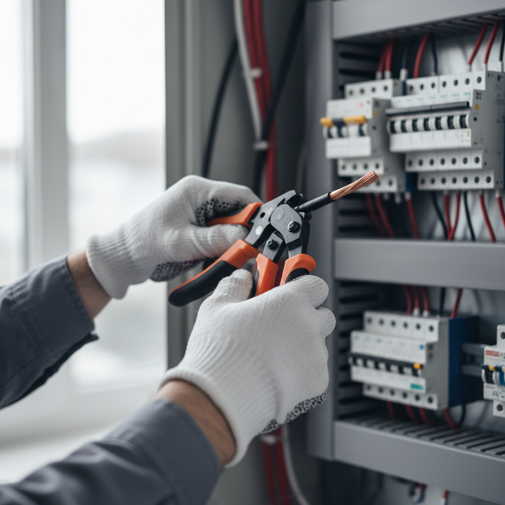 Electrician cutting electrical wire with insulated cable cutter