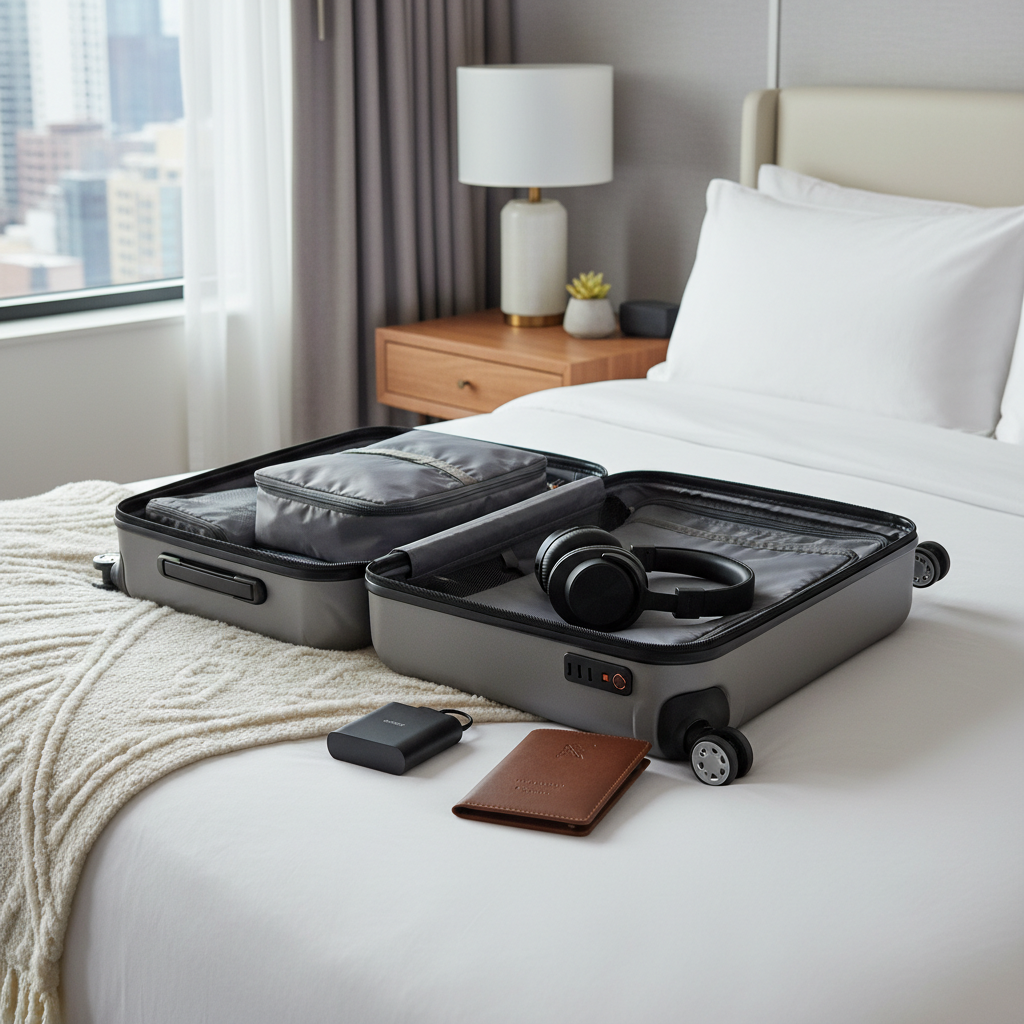 Travel gifts laid out on a carry-on suitcase for men