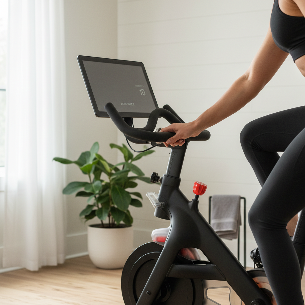 Person adjusting resistance on a stationary exercise bike for fat loss training