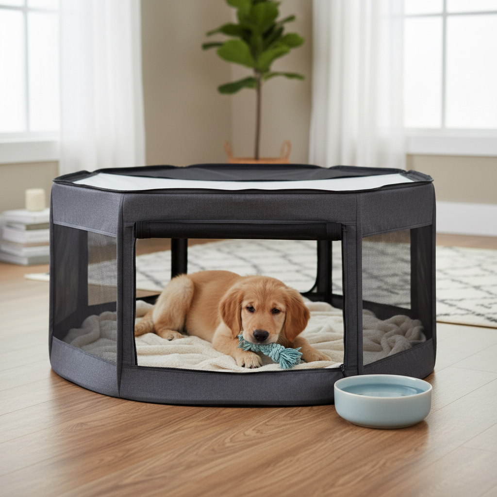 Puppy resting in a crate with a chew toy during a structured nap